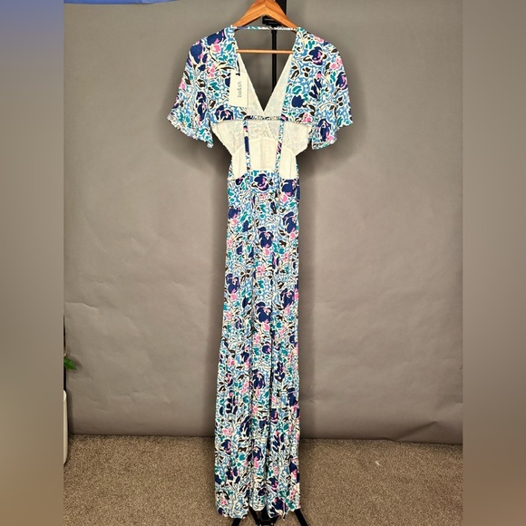 ba&sh NWT Ova Maxi Dress Floral Print Open-Back Backless Flowy Blue White XS / 0 - Picture 5 of 11